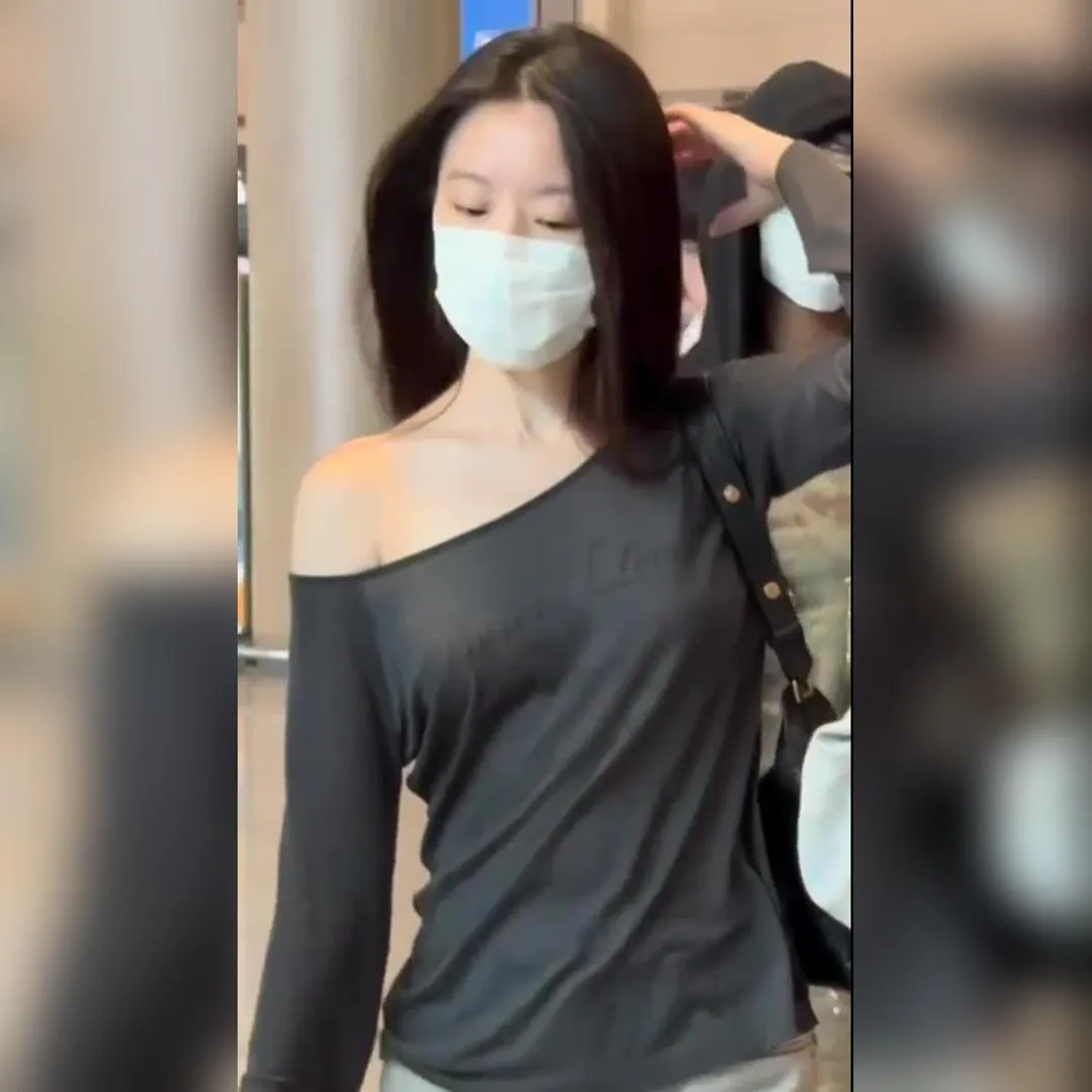 薄灰色露肩上衣 自由無內衣運動 (G)I-DLE Shuhua 機場時尚