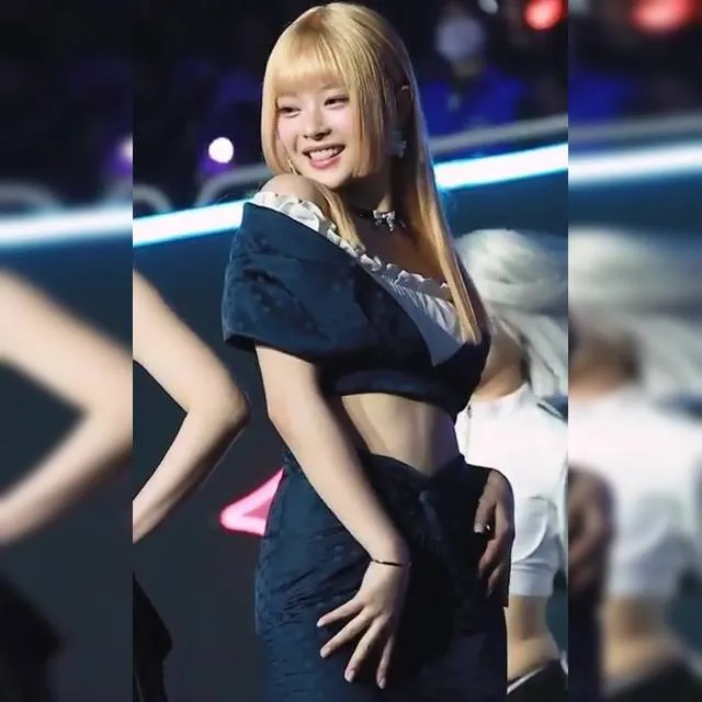 Blonde Hime Cut NewJeans Hani in an H-Line Skirt with Hourglass Hips