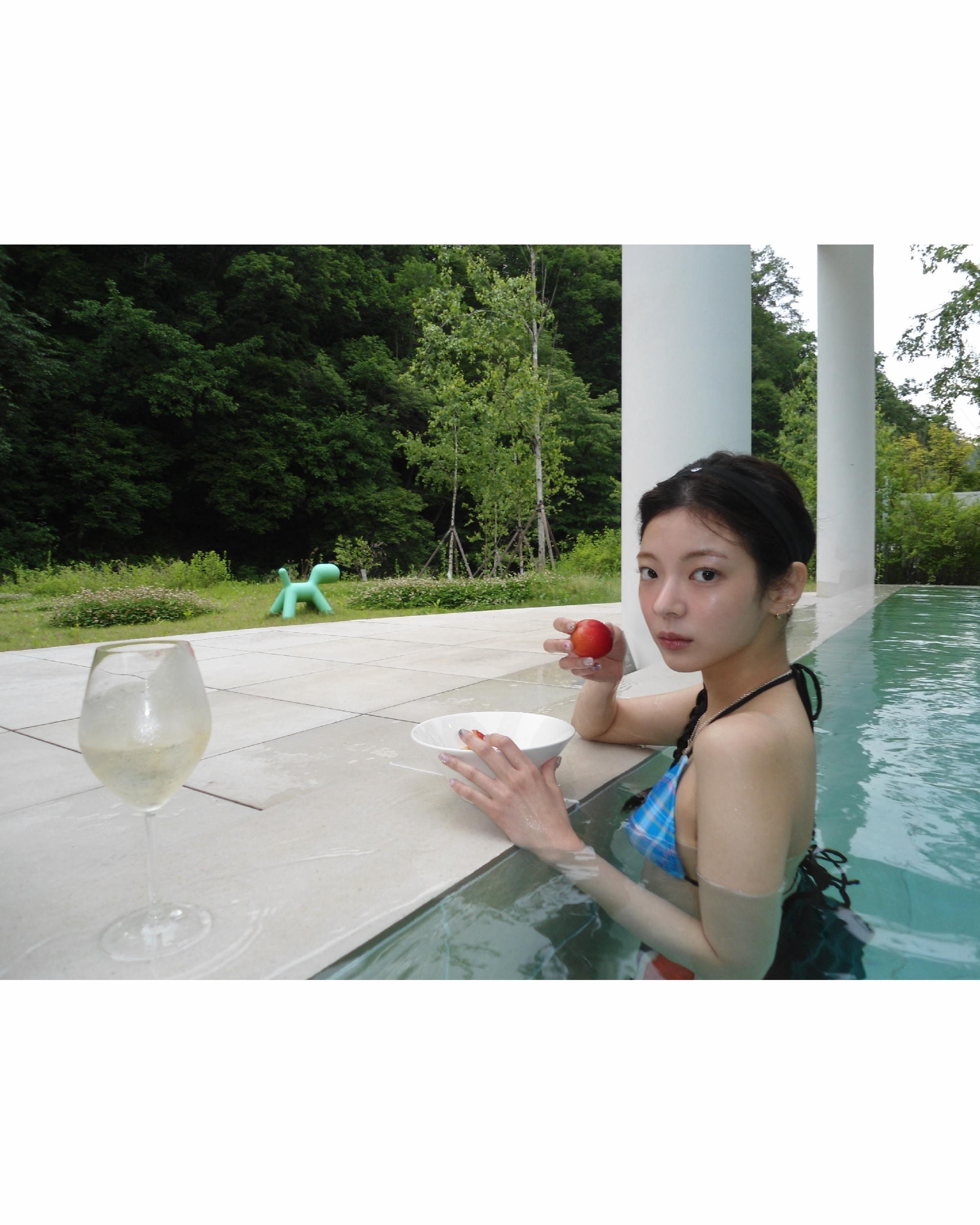 ITZY RYAA Diving Into the Pool in a Blue Check String Bikini Slender Figure