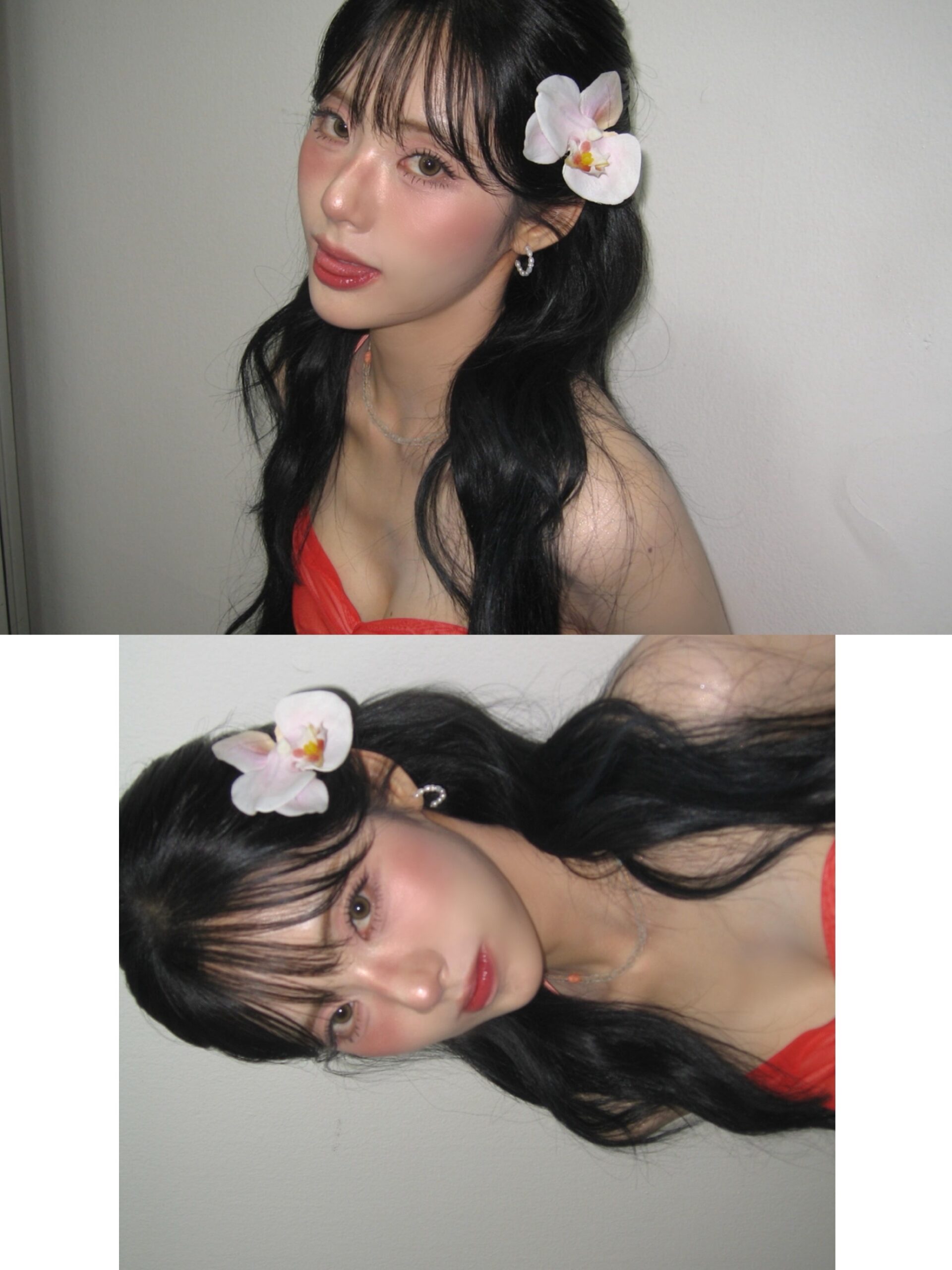 fromis_9 Park Jiwon Red Hawaiian Off-Shoulder Subtle Cleavage Selfie