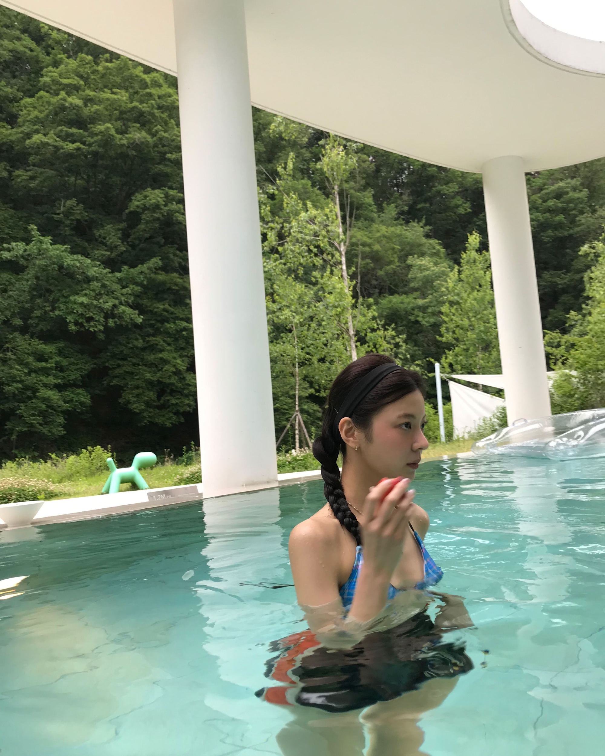 ITZY RYAA Diving Into the Pool in a Blue Check String Bikini Slender Figure