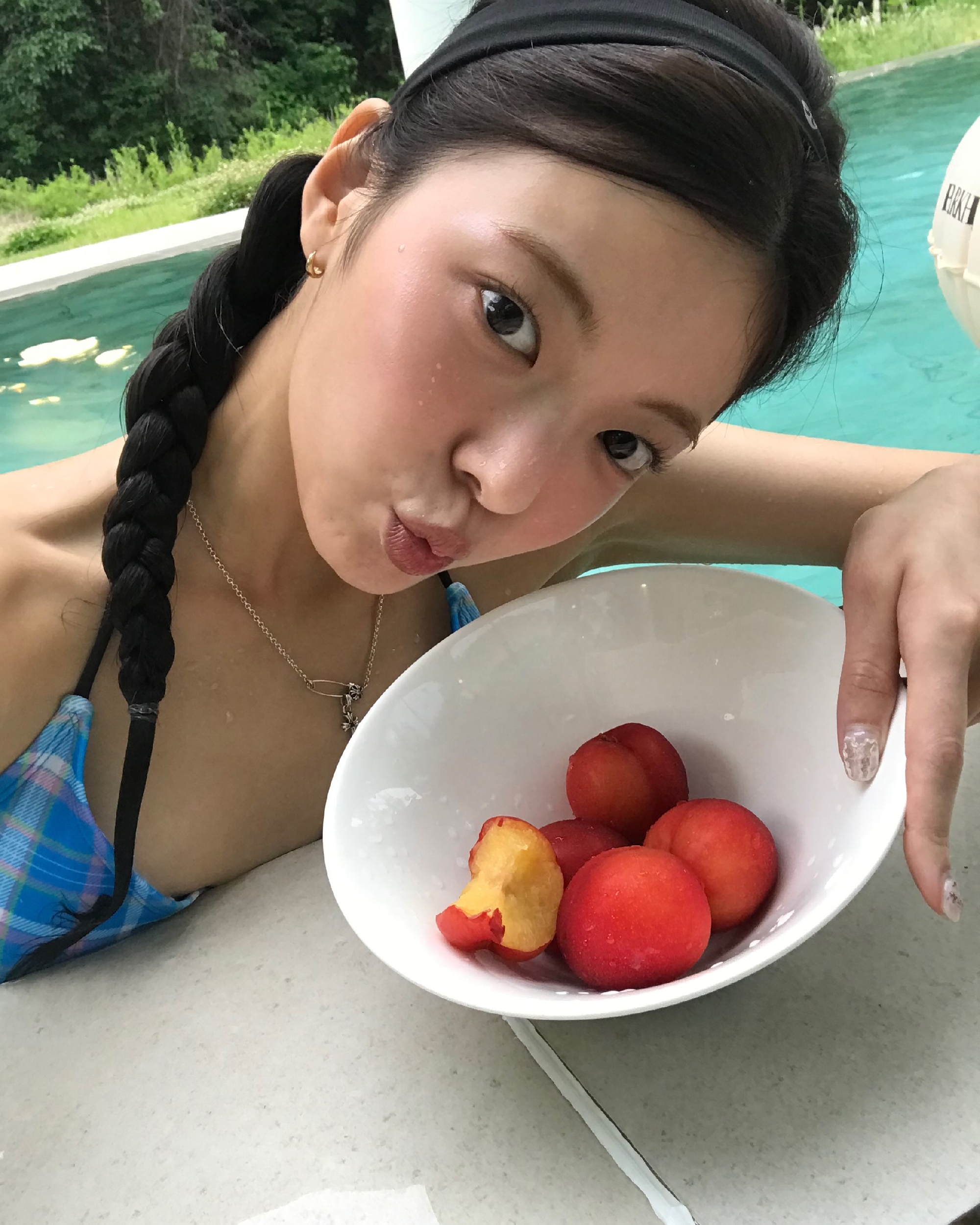 ITZY RYAA Diving Into the Pool in a Blue Check String Bikini Slender Figure