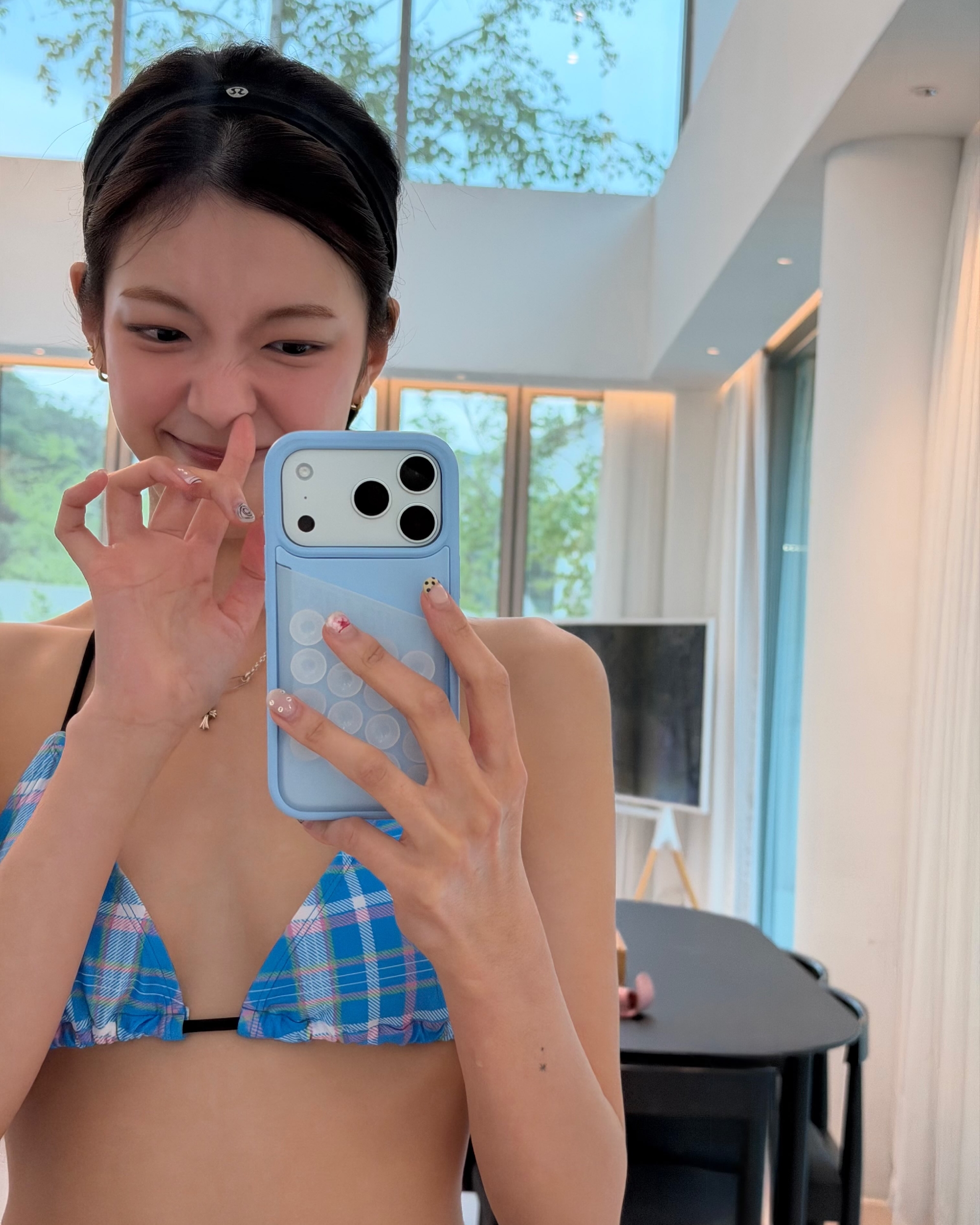 ITZY RYAA Diving Into the Pool in a Blue Check String Bikini Slender Figure