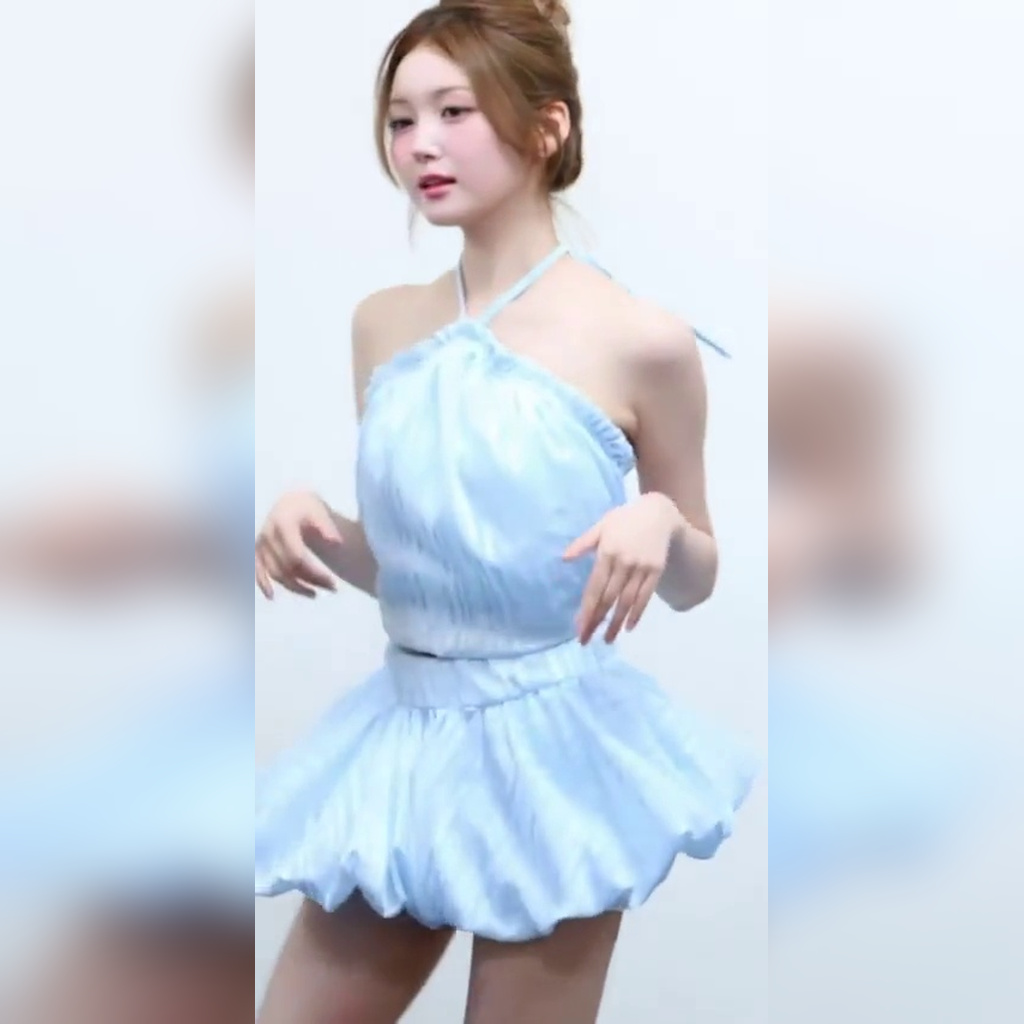 tripleS Joo Bin light blue balloon skirt turn white inner shorts hip line
