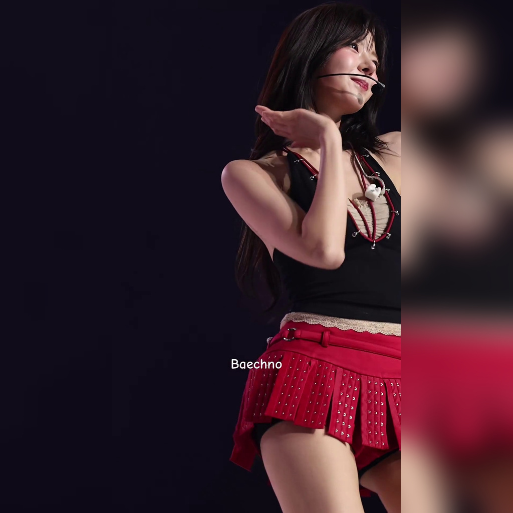 ITZY Lia Black Tank Top and Red Ruffle Skirt Thigh Shot from the Front Row