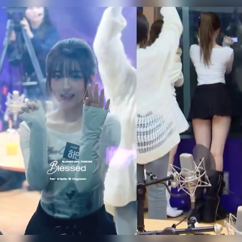 看着窗外为粉丝服务的TripleS 哈演 黑色荷叶边裙装 臀部附近