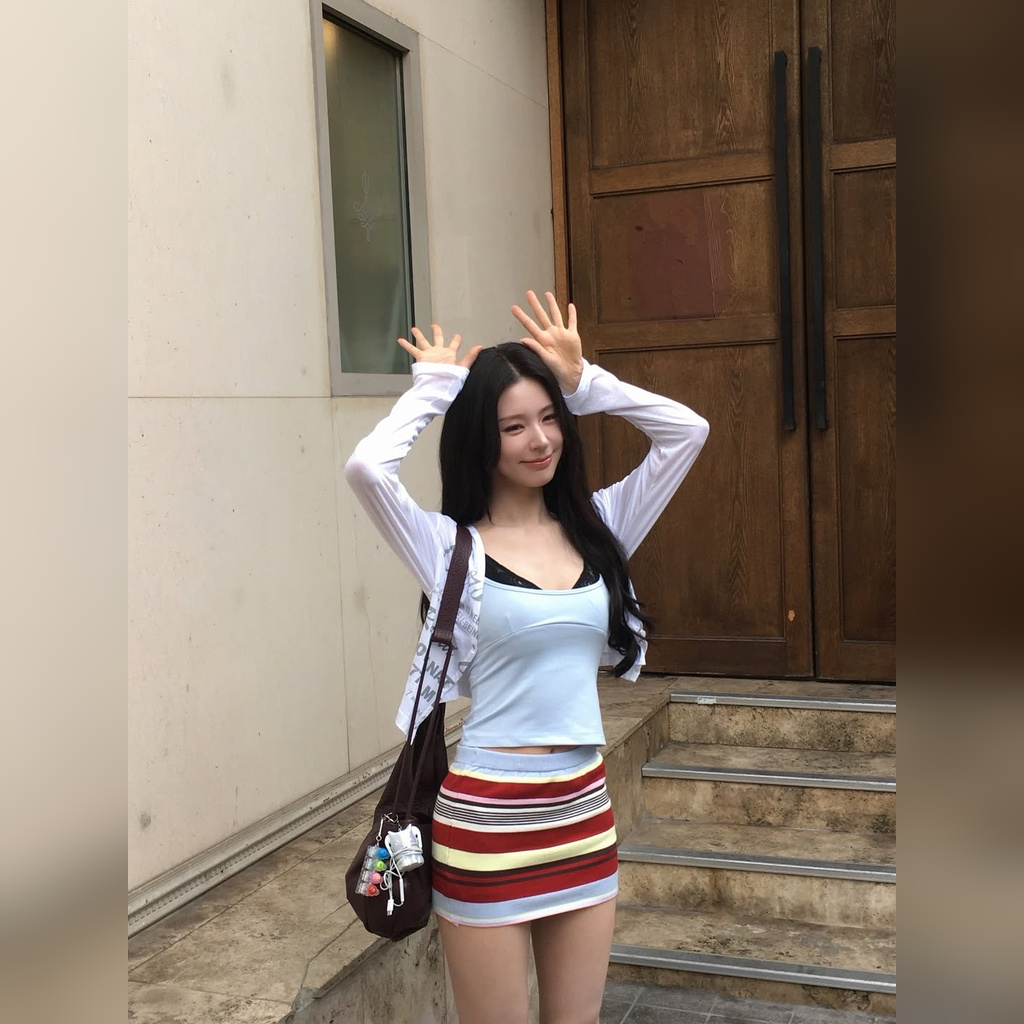Miyeon Black Bra Peeking Out Sky-Blue Top Cleavage + Striped Micro Mini Skirt