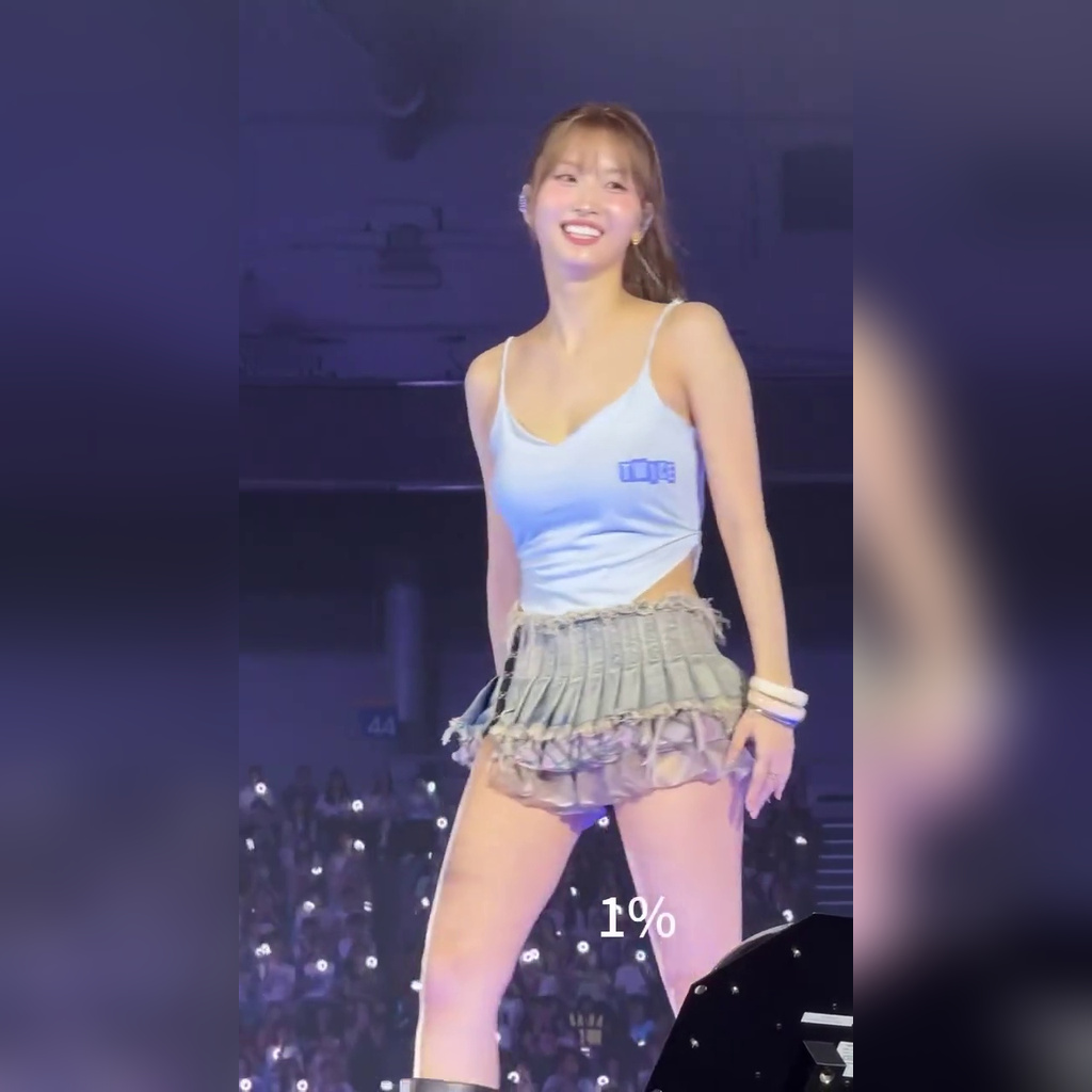 Momo Kneeling to Cool Off With Sweat Wearing Leather Lace Lingerie Look With Cleavage Showing
