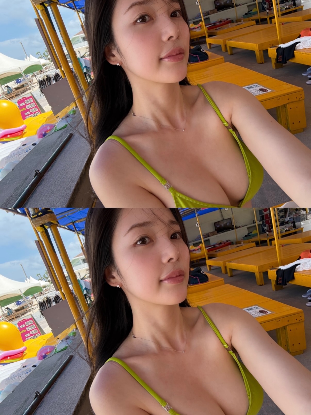 Overseas Trip: Yoon Chae-kyung’s Lime Green String Bikini with a Daring Cleavage That Shows Down to the Navel