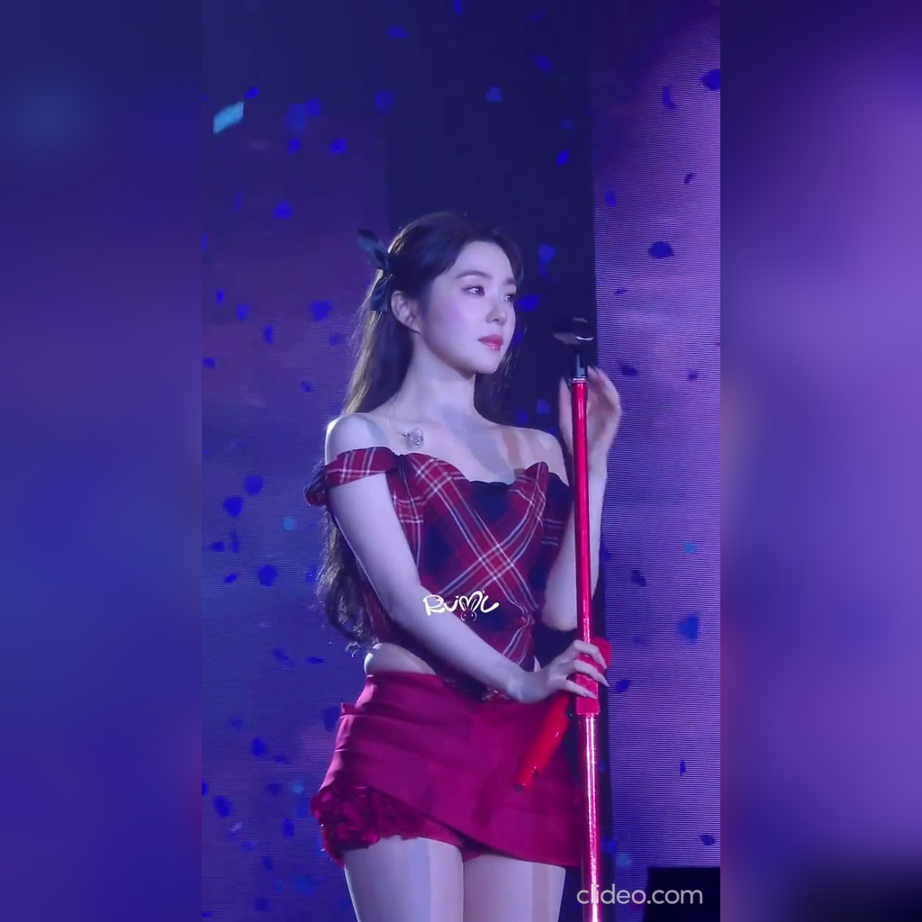 Red Check Off-Shoulder Irene Seen From Below + Very Light Fair Thighs in a Micro Mini