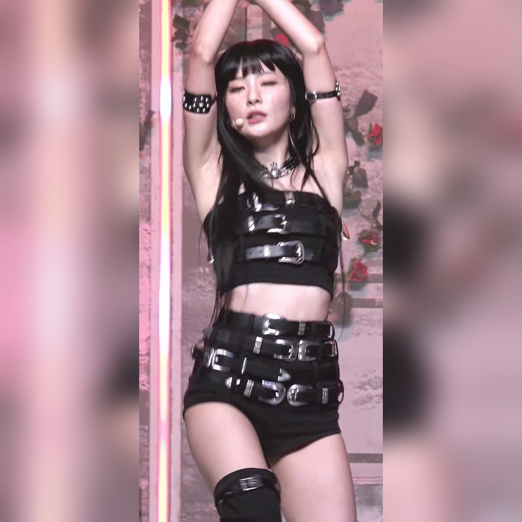 Seulgi Wears a Leather Belt Tube Top and Hot Pants, With Both Arms Raised—Feromone Vibe